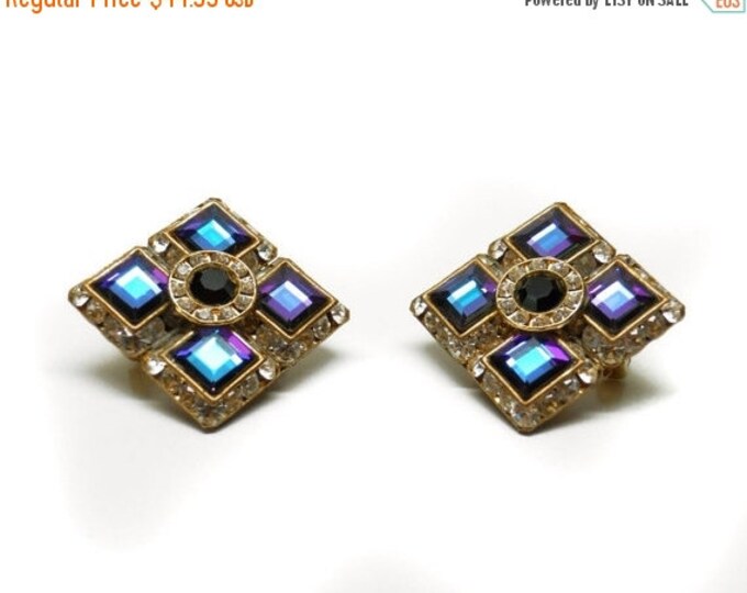 Storewide 25% Off SALE Exquisite Vintage Gold Washed Square Designer Rhinestone Earrings Featuring Unique Mirrored Design
