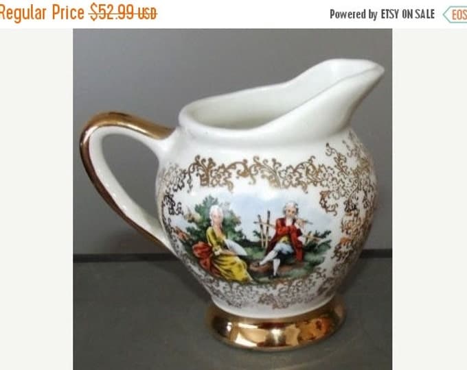 Storewide 25% Off SALE Antique Hand Painted 22k Warrented Gold Accented Porcelain Table Creamer Featuring Hand Painted European Courting Cou