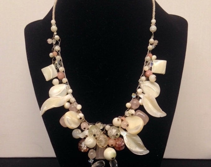 Storewide 25% Off SALE Vintage Silver Tone Mother Of Pearl Eclectic Designer Necklace Featuring Assorted Rose & Clear Crystal Beaded Accents