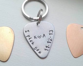 Personalized Hand Stamped Aluminum Bronze or Copper Guitar Pick Keychain With I Pick You, Initials, Date & Heart Customized Anniversary Gift