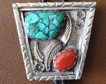 Native American Navajo Sterling Silver Turquoise Coral Bolo Tie