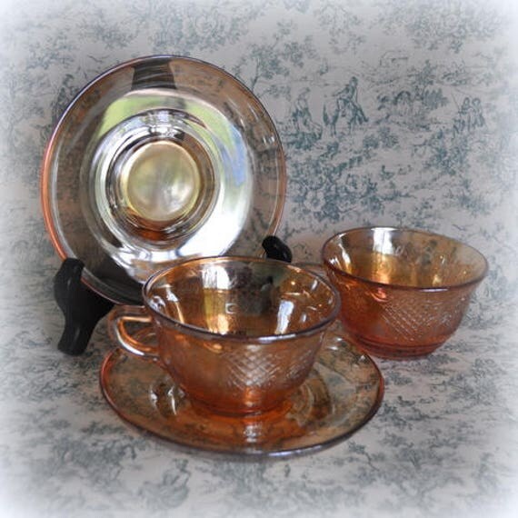 Vintage Marigold Tea Cups and Saucers Carnival Glass Tea Cups