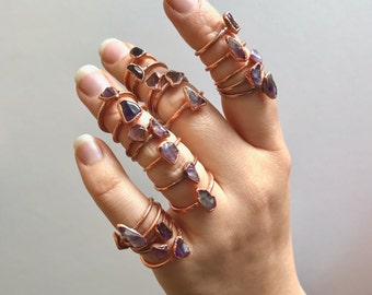 Amethyst and Copper Electroformed Rings /// Raw Stone Ring /// Inner Peace Stone Ring /// Boho Jewelry