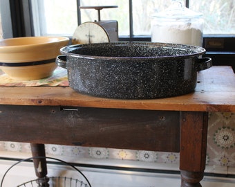 Large Black Enamelware Roasting Pan, Black Graniteware Roasting Pan, Black Graniteware Roaster, Graniteware Bakeware, Oval Baking Pan