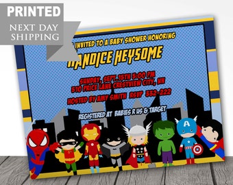 PRINTED superhero baby shower invitations, super hero baby shower party invitations, avengers invitation, FAST FREE shipping with envelopes