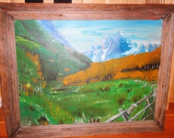 Vintage Oil On Board/ Unsigned/ Trees/ Mountain/ Primative Wood Frame
