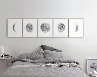 Large Moon Phases Prints, Set of 5 watercolor Lunar Phases Moon art Print, Grey Black Watercolor Prints Home Decor