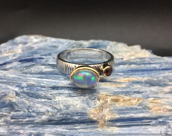 Opal with Garnet Ring // 925 Sterling Silver with Gold Accent // Hand Cast // Opal Ring // Size 8