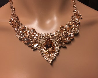 Rose Gold,Bridal jewelry set Crystal Deco Nouveau Style Necklace with Earring, wedding jewelry set, Wedding Set ,Floral Crystal Rhinestone