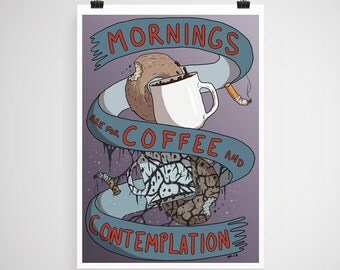 11x14 Print - Hand Illustrated Stranger Things Poster - Morning are for Coffee and Contemplation - Upside Down - Donut - Cigarette