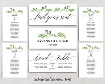 Greenery Wedding Seating Chart Template, Header Signs and Table Signs 1-40, Printable Wedding Table chart, Garden Greenery