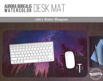 Aurora Sky Watercolor Print Desk Mat w/ Custom Monogram - 2 Sizes - High Quality Digital Print, Dye Sublimation - Hand Washable