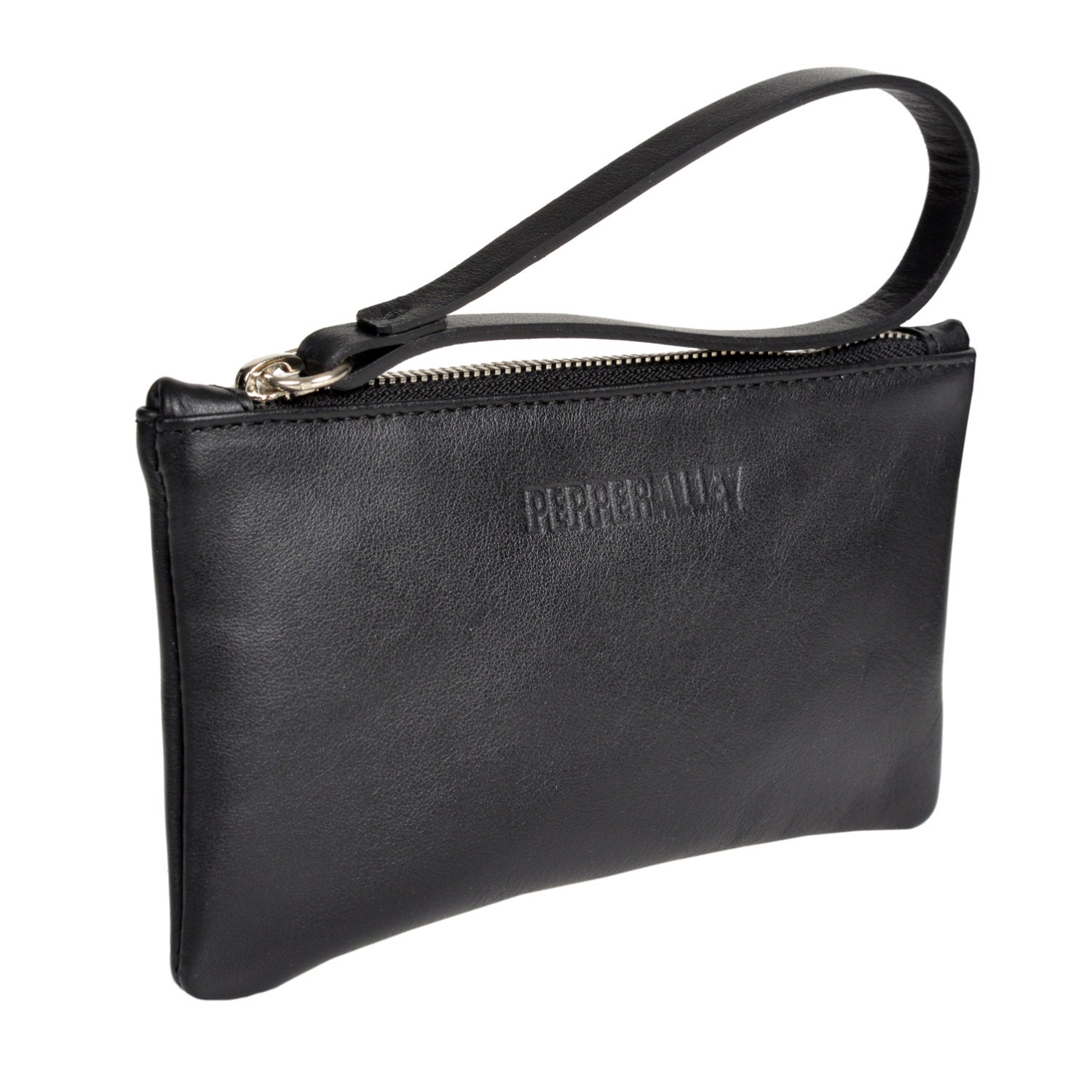 black leather wristlet purse