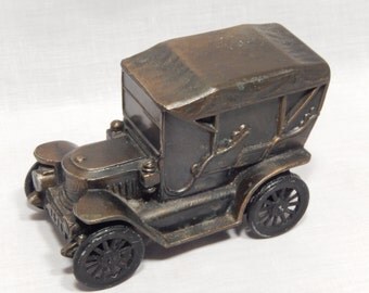 Brass Antique Car Coin Bank, 1910 Stanley Steamer Model Car, Banthrico Inc. Chicago U.S.A. Toy Car Rolling Wheels, 1970's
