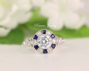 Art Deco Engagement Ring, Blue Sapphire Halo Engagement Ring, Vintage Filigree Round Cut Diamond Simulant, Bridal Ring, Best Promise Ring