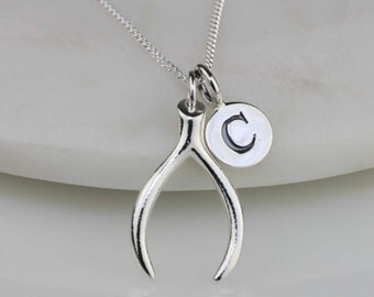 Solid Silver Wishbone Necklace Personalised with a Solid Silver Stamped Initial Charm