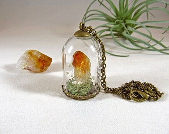 Terrarium, terrarium necklace, crystal terrarium, citrine crystal, raw crystal necklace