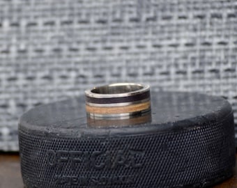 Mens Wedding Band: Hockey Ring - Metal Channel Ring Hockey Puck Rubber and Hockey Stick Wood Inlays. Stag Hound, Elk Head Design