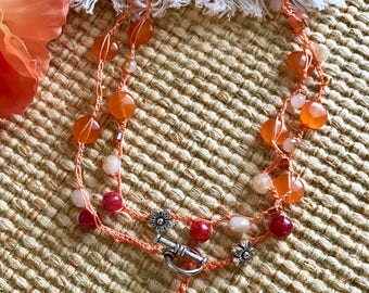 Coral Peony 43" Crocheted Wrap Necklace