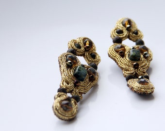 Gold soutache earrings / Art Deco Jewelry Beaded earrings / Regalos de aniversario / Long Statement Bronze Earrings / Unique Marriage Gifts