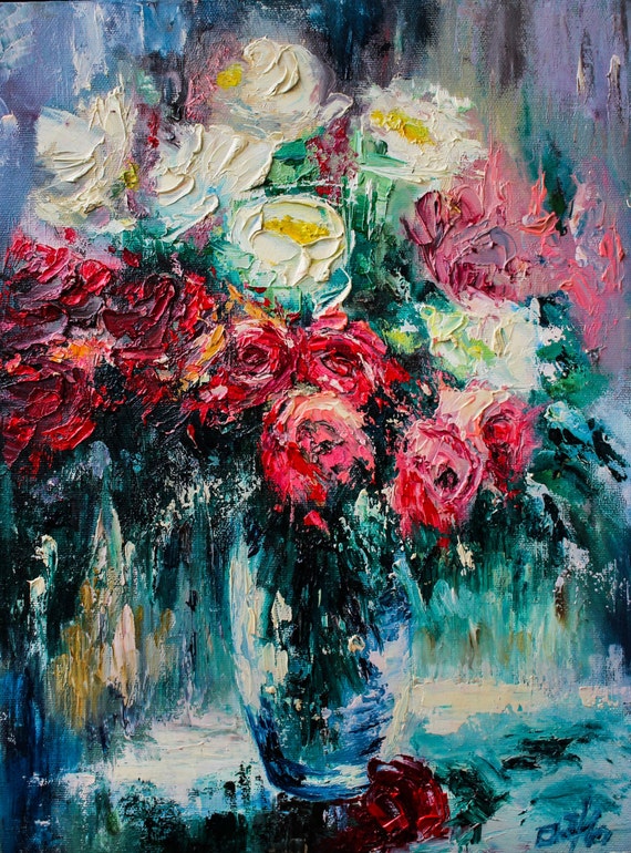 Red roses painting white roses oil painting original floral