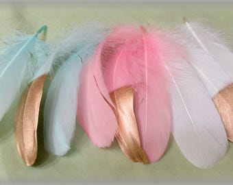 Baby shower decor, Blush Pink Mint Feathers, Coral Gold Dipped Feathers, Feather Wedding Garland, Decorative Feathers, Party Supplies