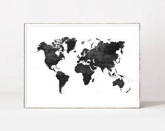 World map poster, water color world map, world map print, black and white world map, scandinavian print, map poster, world map printable