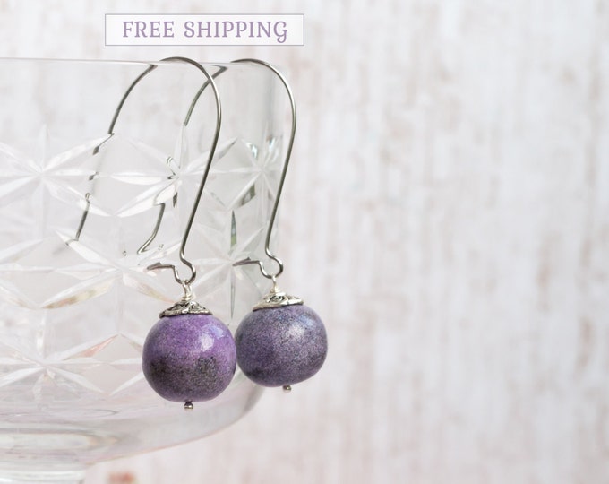 Long purple earrings, Purple dangle earrings, Fish hook earrings, Long earrings for wedding, Long hanging earrings, Space earrings