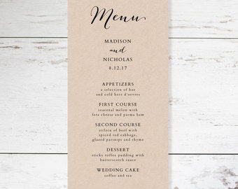 Wedding Menu Template - Rustic Wedding Menu - Printable Menu - YOU edit in WORD - print on Kraft