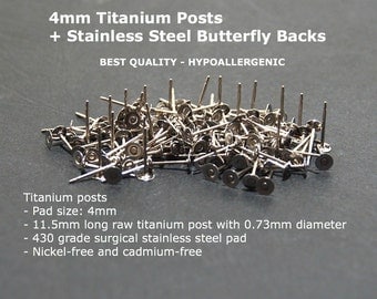 4mm Titanium Flat Pad Earring Posts + SS Butterfly Backs, 4mm Flat Pad Stud Posts, Titanium Earring Findings, Hypoallergenic, Made in USA