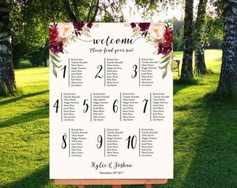 Wedding Seating Chart, Floral Seating Plan, Marsala Burgundy Blush Wedding Seating Plan, Printable Seating Plan, Table Plan Poster - Kylie