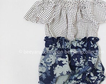 Baby Girl Romper, baby girl clothes, Baby bloomer, off shoulder top, photography prop, denim romper, Birthday outfit, babyshower gift