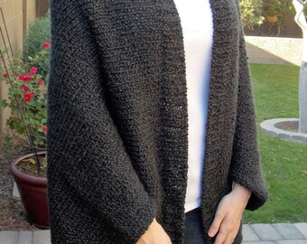 Hand Knitted Oversized Shrug, Kimono Knit Cardigan, Hand Knitted Bolero Shrug, Black Batwing Shrug