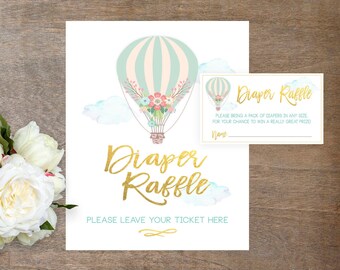 Diaper Raffle Ticket Insert, Diaper Raffle Sign, Diaper Raffle Card, Gender Neutral, Hot Air Balloon, Printable, Instant Download, Blue