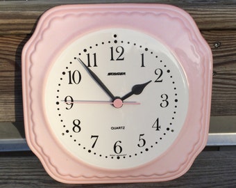 1970s Retro pink white ceramic kitchen wall clock from Staiger West Germany
