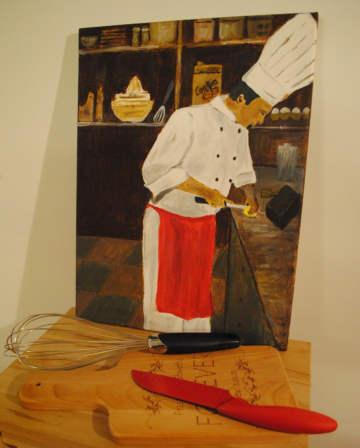 Chef cooking in the Kitchen Vintage painting Acrylic