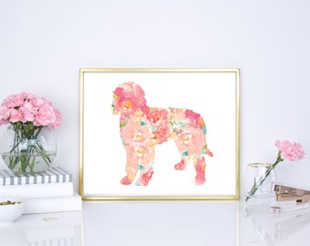 Golden-doodle print, Golden-doodle watercolor print, Golden-doodle floral dog print, 8x10, 16x20 nursery print, office, home, wall decor