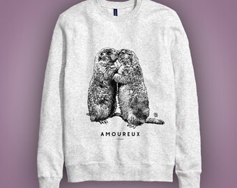 Sweatshirt gris: marmottes AMOUREUX (marmot, woodchuck, groundhog in love) animal totem 2017 Saint Valentin illustration