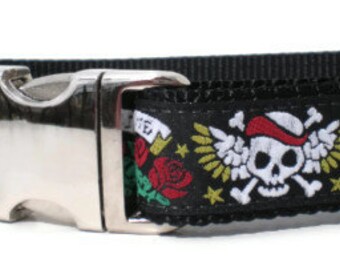 dog collar - black skulls biker XL dog collar - long live our love big dog collar - life love luck x-large large breed collar metal buckle