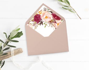 Burgundy Boho Floral Envelope Liner, Printable Marsala Floral Envelope Liner, Watercolor Peonies Envelope Liner Instant Download 120-W 120-G