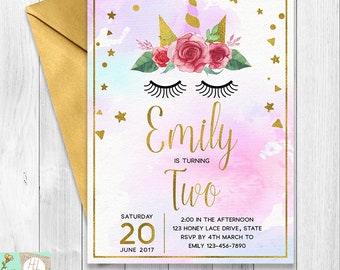 Unicorn Birthday Invitation, Wink Eyes Design, Gold Confetti Birthday Invitation, Floral Unicorn, Gold Foil Sparkle, Magical First Birthday