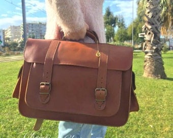 Leather Messenger Bag Women, Leather Briefcase Women, Brown Messenger Bag, 15'' Laptop Bag, Leather Laptop Bag, Made in Greece.