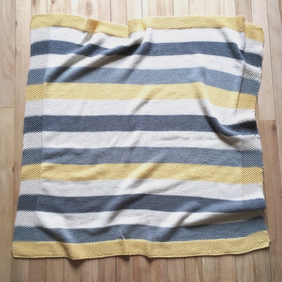 Handknit baby blanket striped yellow white and gray baby