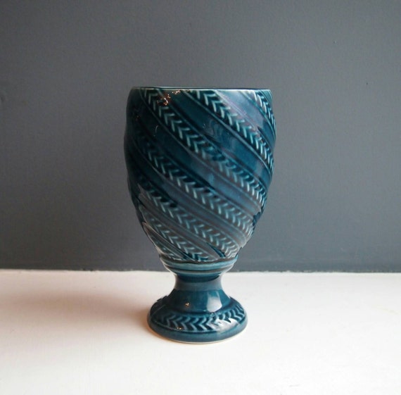 Vintage Dark Blue Pottery Vase Teal Ceramic Goblet Dartmouth