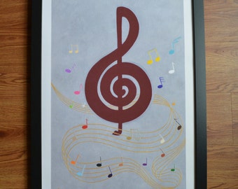 Music Note Art Print, Fine Art Giclée Print, Musical Notes Art, Wall Decor, Maroon, Silver, Gold, 18" x 24", Acrylic Painting Print