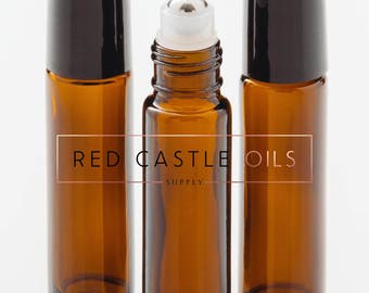 10ml Amber Rollon Bottle with Stainless Steel Rollerball Inserts and Black Caps for Essential Oils and Perfumes