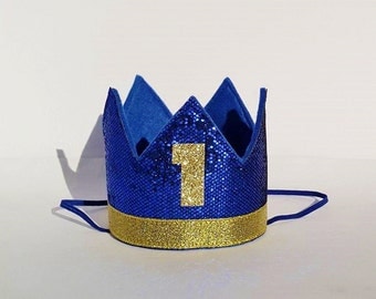 Baby Boy First 1st Birthday Party Crown in Royal Blue and Gold Prince Theme Cake Smash Photo Prop Hat