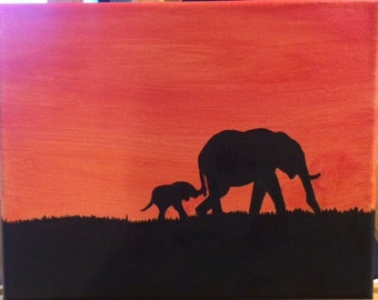 Items similar to Elephant silhouette in sunset mama and baby 10 x 10 ...