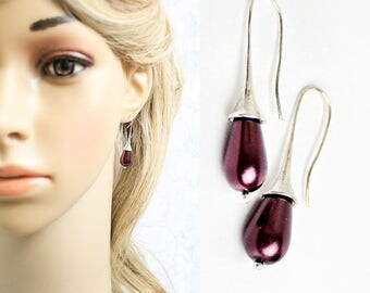 purple pearl drop earrings pearl wedding silver purple jewelry bridesmaids earrings glass pearl jewelry black pearl gifts for her under F269