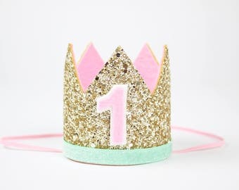 First Birthday Crown | Birthday Smash Cake Glitter Headband | 1st Birthday Hat | Pale Gold + Mint + Pink and White 1